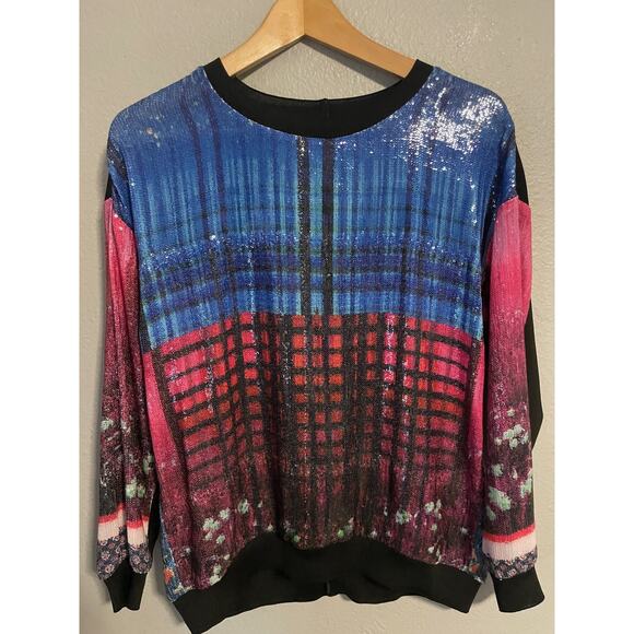 Clover Canyon Womens Small Sequin Plaid Floral Sweatshirt Blue Pink Lightweight - Picture 1 of 8